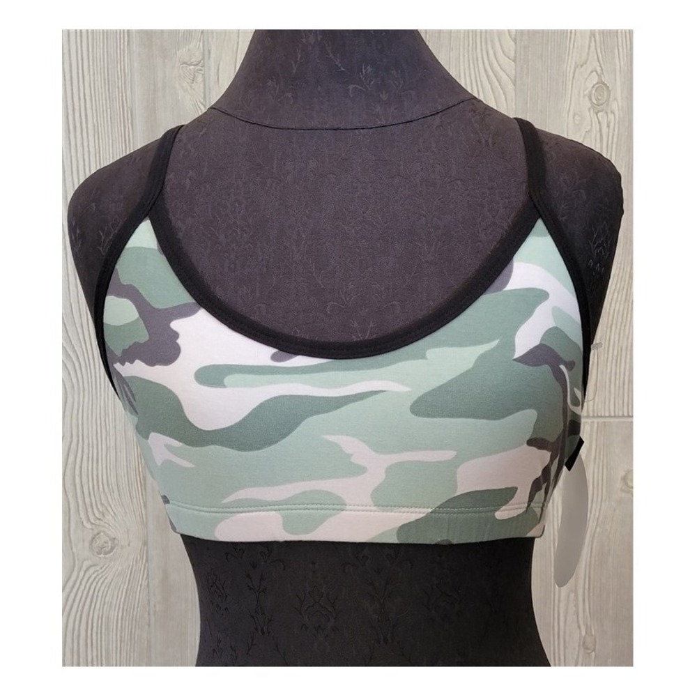 NWT Kos USA L Cross Back Dance Yoga Low-Impact Sports Bra 674 Green Camo #96705